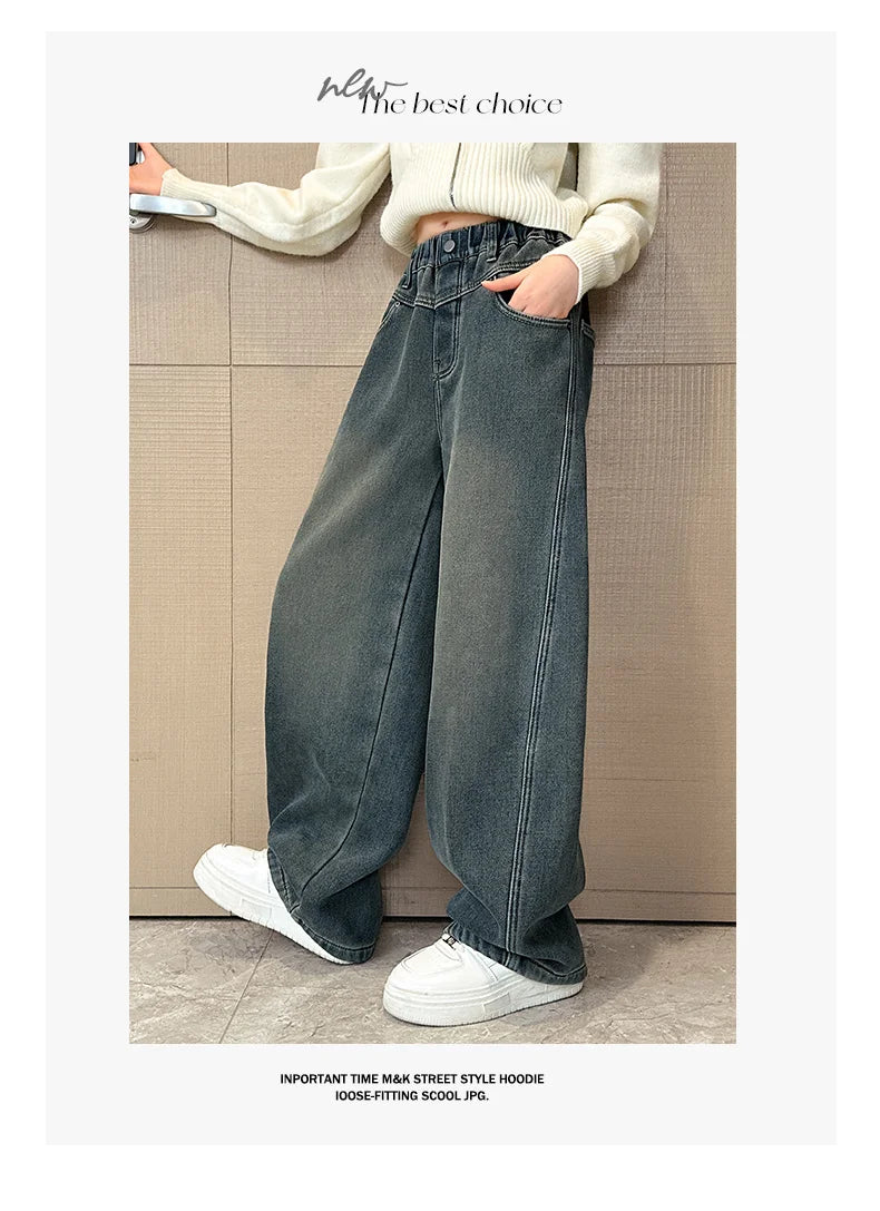 Crianças casuais solto em linha reta ajuste jeans para meninas perna larga legal calças jeans crianças adolescente primavera cintura elástica calças jeans