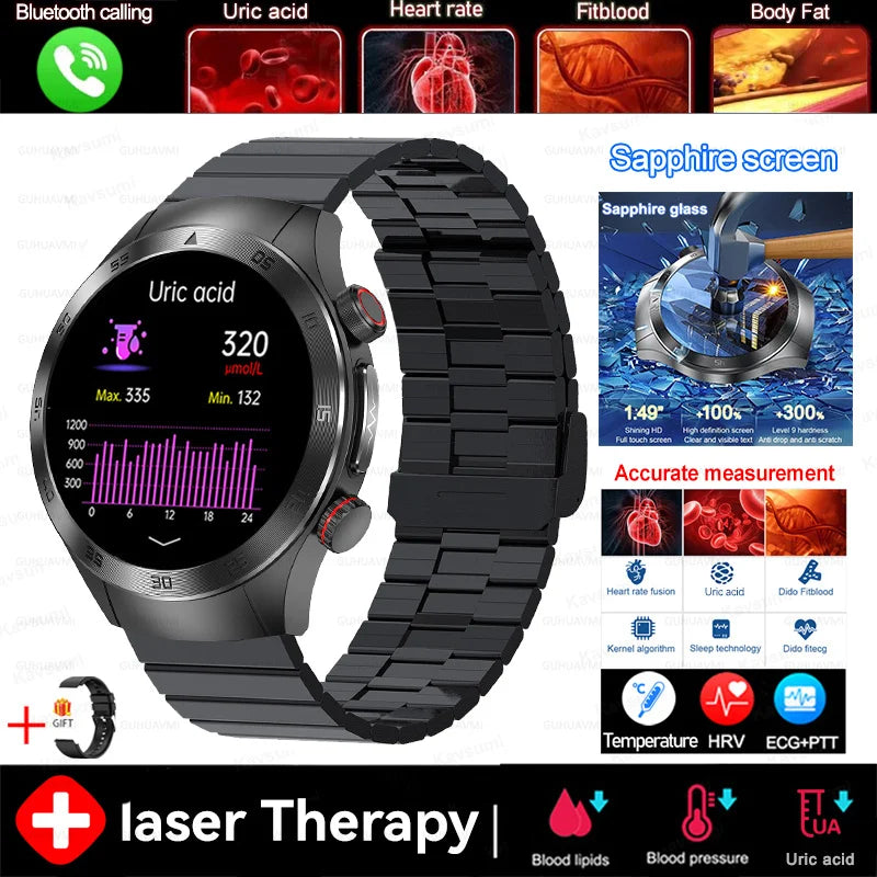 2025 novo tratamento a laser corpo e coração relógio inteligente masculino ecg + ppg ácido úrico gordura no sangue bluetooth chamada rastreador de saúde relógios inteligentes