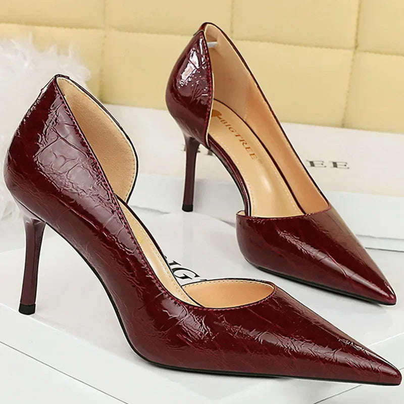 Estilo ocidental festa sapatos femininos 8cm salto alto fino raso apontou toe lado oco serpentina retro senhoras elegantes bombas marrom