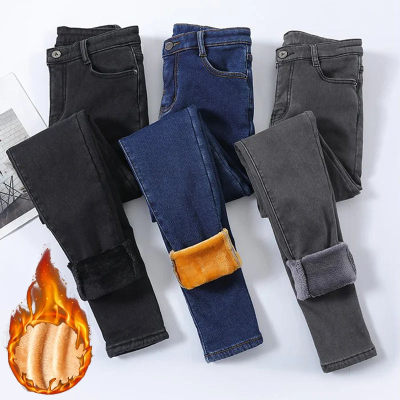 Inverno senhora térmica quente jeans de pelúcia magro estiramento jeans senhora fino ajuste lápis calças meninas perna reta denim