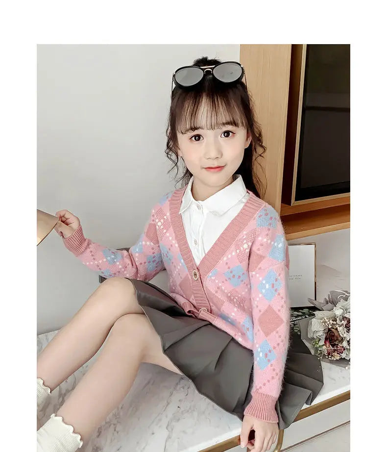 Camisola de tricô de manga cheia infantil, top single-breated, flocking outwear, roupas de bebê meninas, crianças, criança, crianças, 2t, 10 t, 12t, outono, inverno