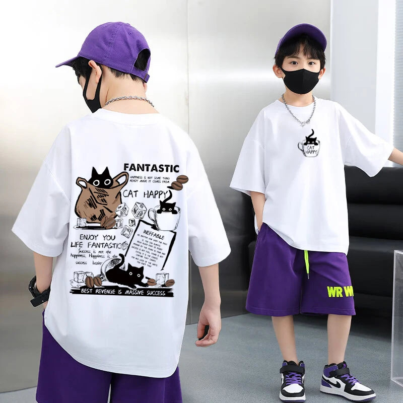 Graffiti impressão camiseta de manga curta infantil, 100% algodão, verão streetwear, meninas tees, crianças tops, roupas de crianças, alta qualidade