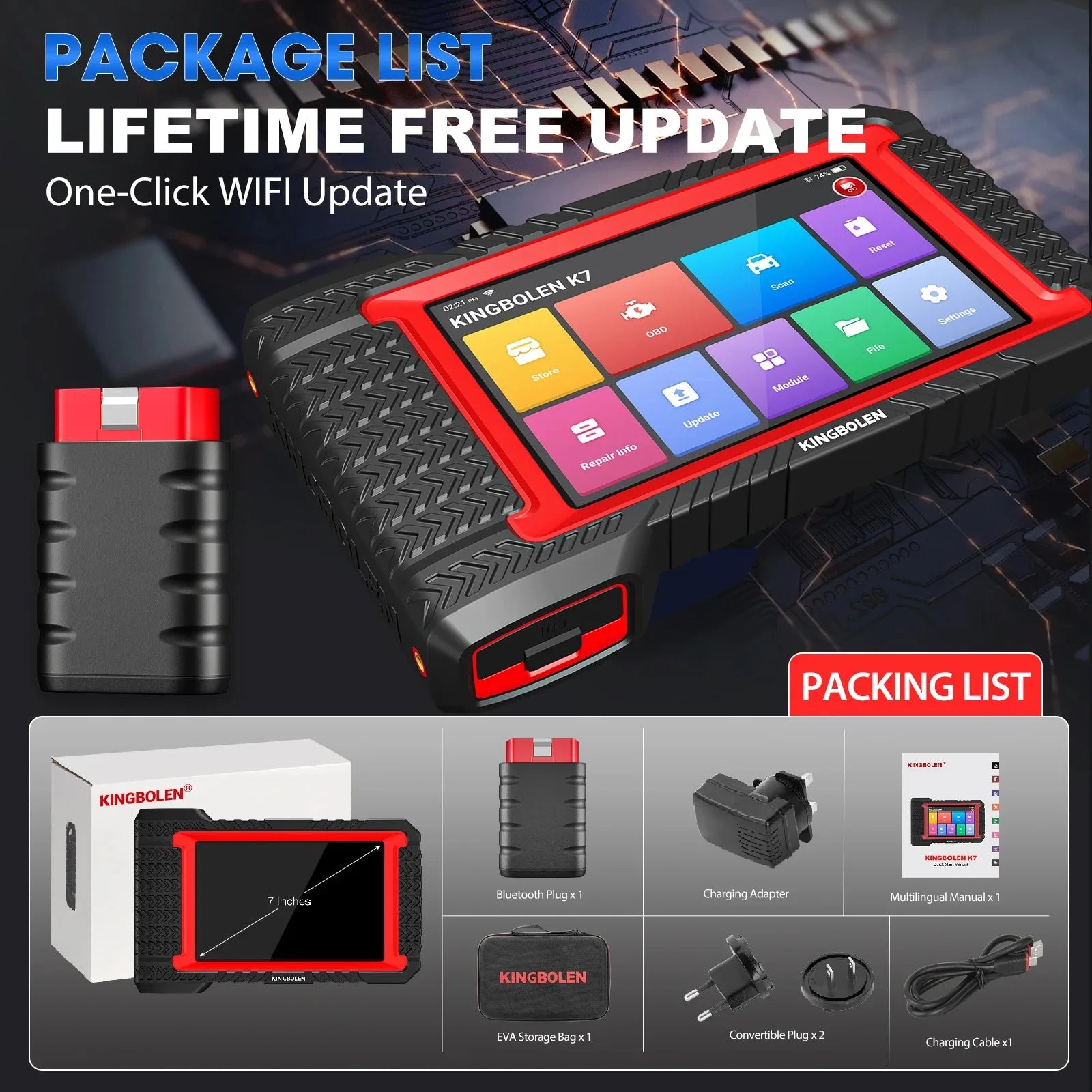 Atualização vitalícia gratuita KINGBOLEN K7 ALL System Ferramentas de diagnóstico de carro português Codificação ECU Teste ativo 28 reinicializações Scanner OBD PK LAUNCH X431 CRP919E BT