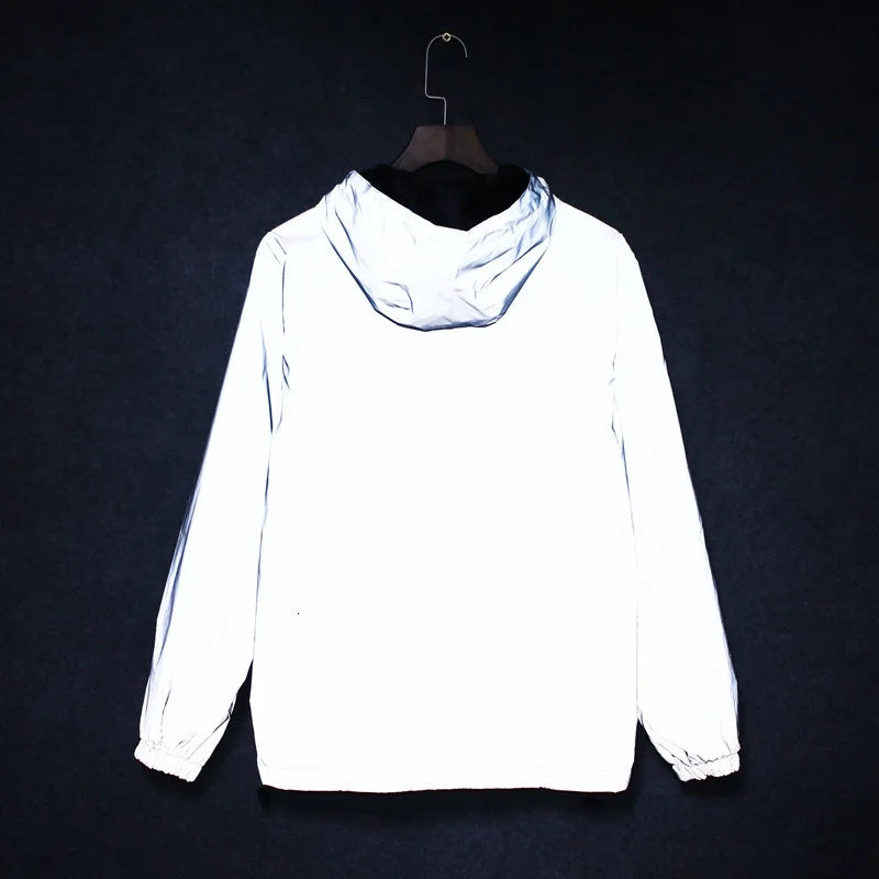 Jaqueta reflexiva completa masculina casual feminino blusão hip hop casaco com capuz à prova dwaterproof água impresso streetwear noite jaquetas brilhantes 5xl