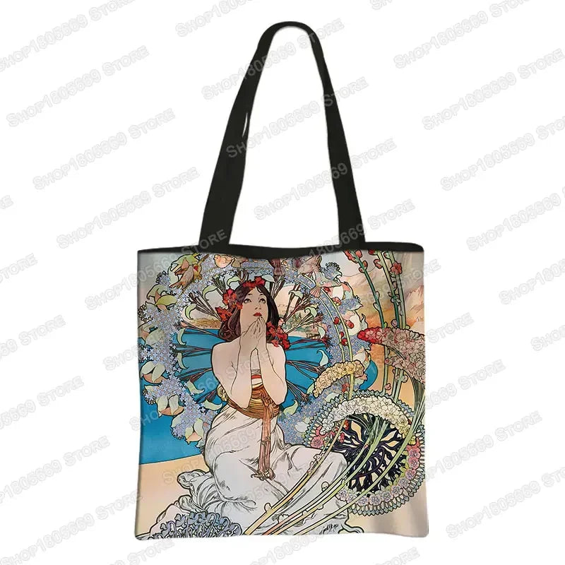 Alphonse Beauty Print Bolsa para Mulheres, Sacos De Compras De Armazenamento Reutilizável, Totes Casuais, Pintura A Óleo, Elegante Senhoras Tote