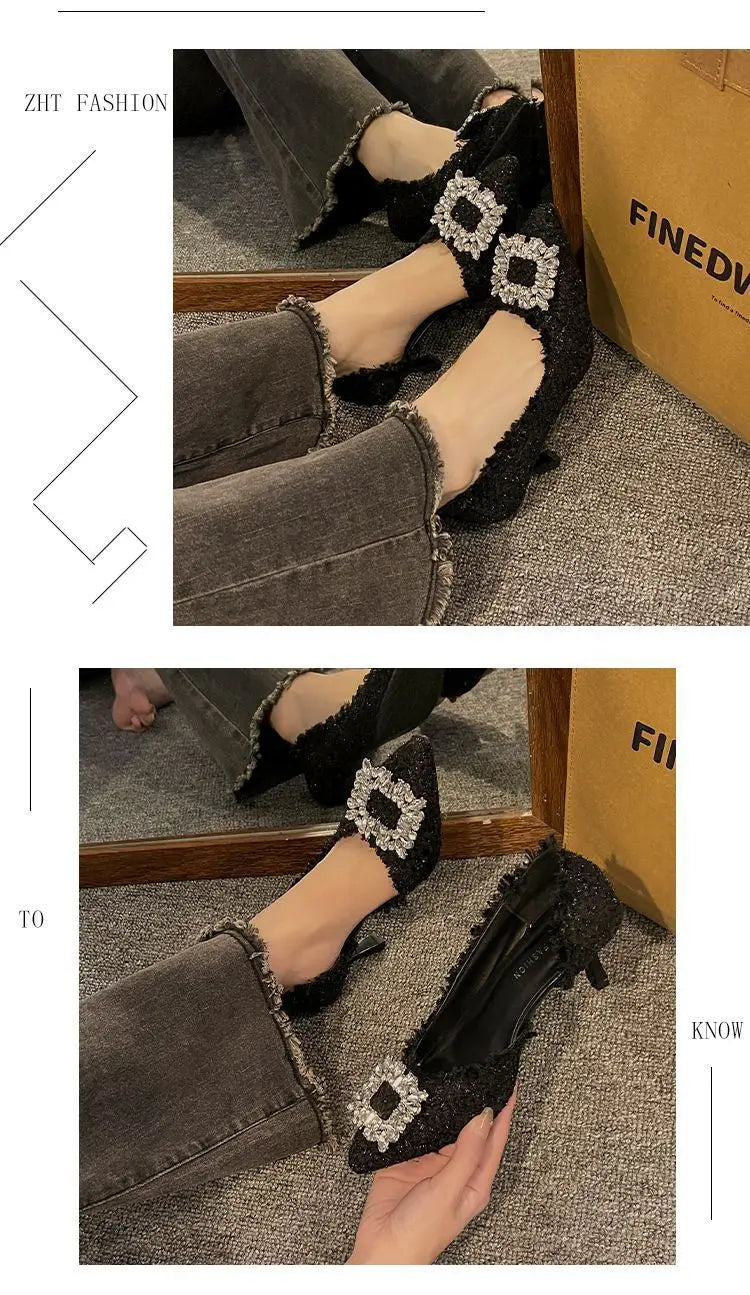 Salto estilete para mulheres, sandálias de strass, botão quadrado, sapatos de casamento, moda feminina, branco, 2024