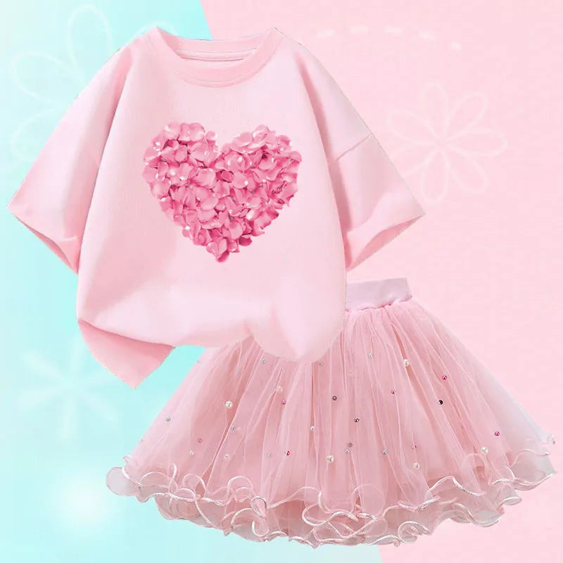 Roupas de verão para meninas, camiseta fofa de gato e saia tutu de malha, conjunto de duas peças, roupas coreanas para crianças de 3 a 14 anos