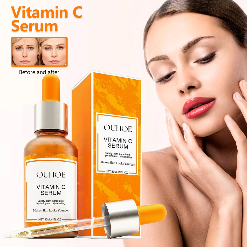 O soro facial com vitamina C reduz linhas finas e ilumina a pele naturalmente sem adição de retinol, óleo de jojoba, produtos de cuidados faciais