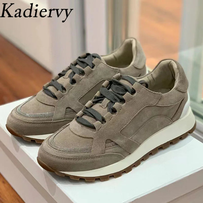 Sapatos casuais mulher dedo do pé redondo corrente corda grânulo conforto tênis de corrida senhoras camurça vaca retalhos rendas até tênis planos