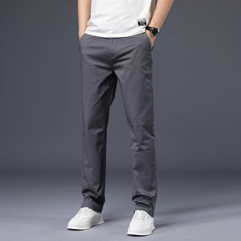 Calças masculinas de algodão casual estiramento calças masculinas homem longo em linha reta alta qualidade 4 cores plus size calça terno 42 44 46