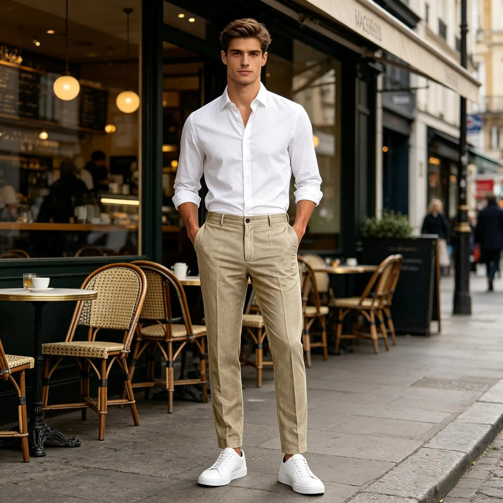 Calças Masculinas Premium em Mistura de Linho, Leves, Slim Fit, Resistentes a Rugas, para Escritório, Verão, Casual e Formal