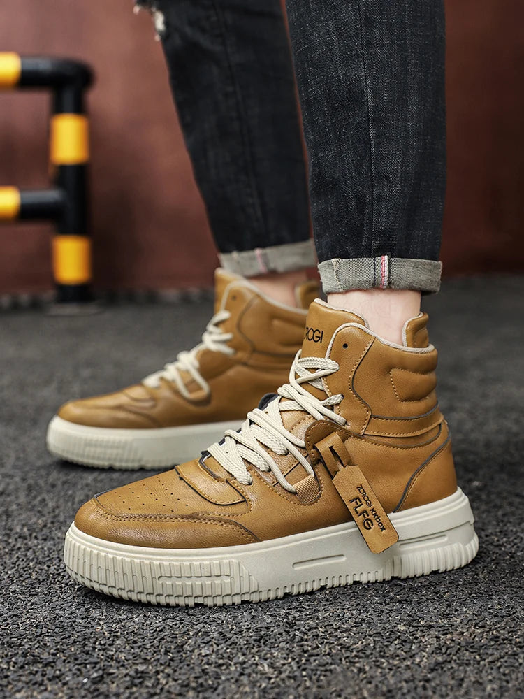 Sapatos masculinos de cano alto de inverno, sapatos esportivos casuais de couro, roupas de trabalho retrô, sapatos esportivos casuais versáteis e modernos