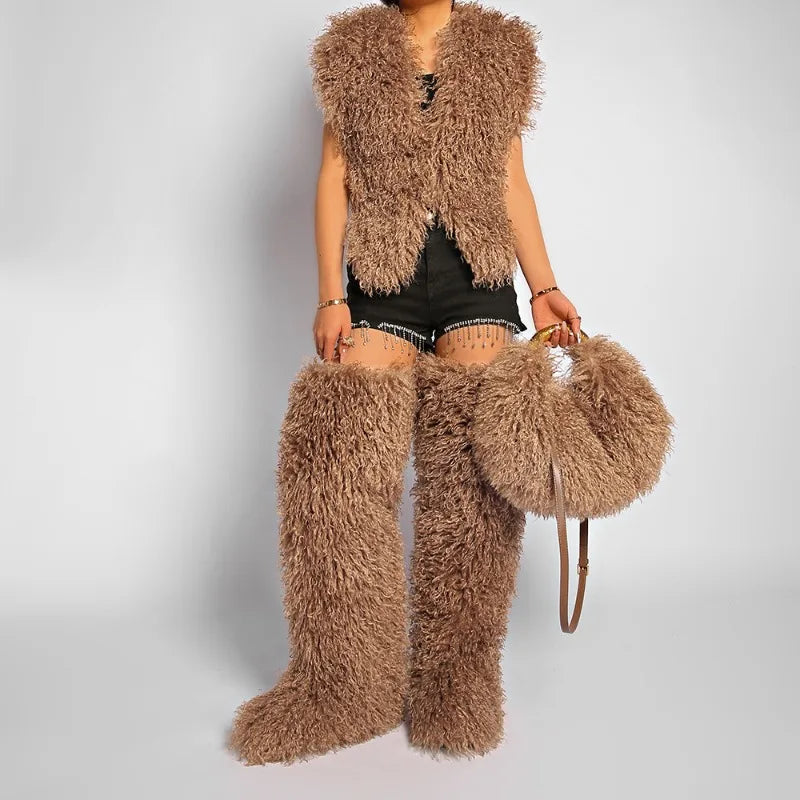 Moda feminina longa pele lã saco praia falso lã pele bolsa de ombro senhoras peles falsas bolsa luxo mongol ovelhas sacos de pelúcia