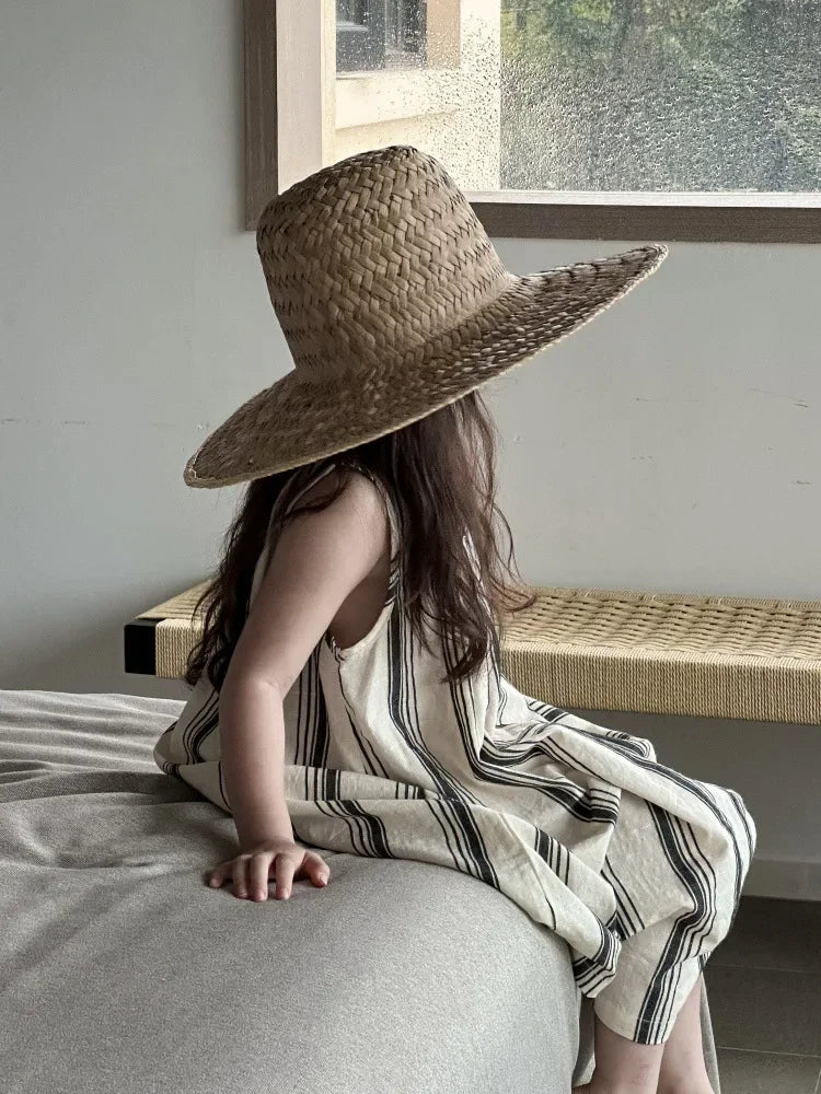 Crianças roupas meninas vestido sem mangas nova moda verão 2025 estilo coreano listra vertical francês retro vestido de férias