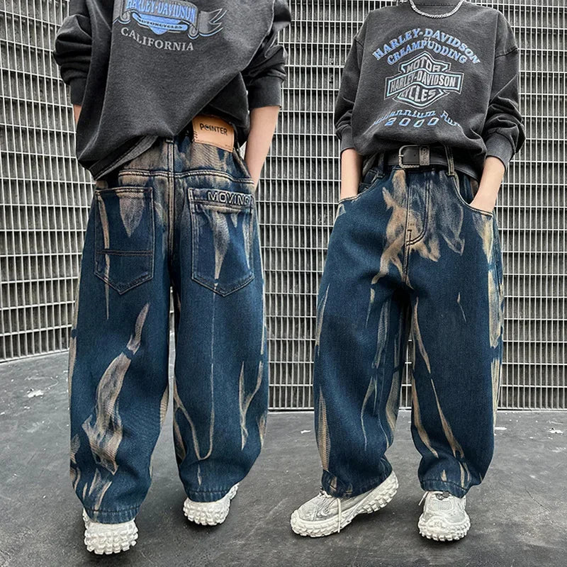 Crianças graffiti jeans meninos primavera e outono 2025 novas crianças adolescentes bonito meninos perna reta solta calças de perna larga
