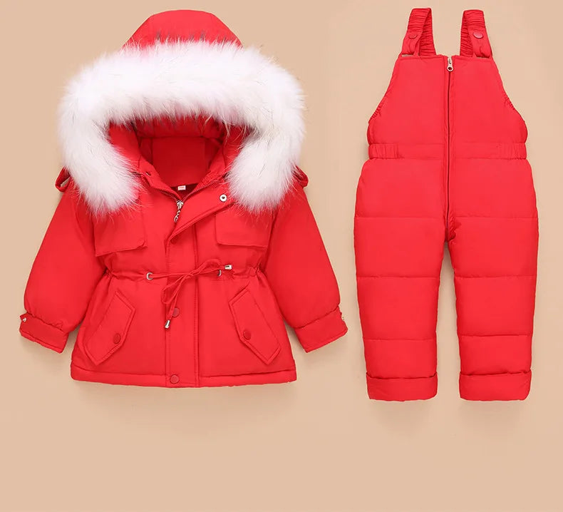 Crianças para baixo casaco jaqueta + macacão crianças da criança menina menino roupas para baixo 2 pçs roupa de inverno terno quente do bebê macacão conjuntos