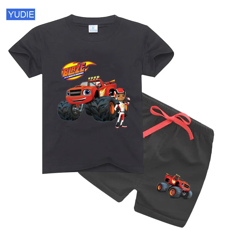Conjunto de t-shirts e shorts para bebês e meninas, roupas de desenhos animados, velocidade incrível, carros, máquinas monstro, crianças, terno 2pcs, verão