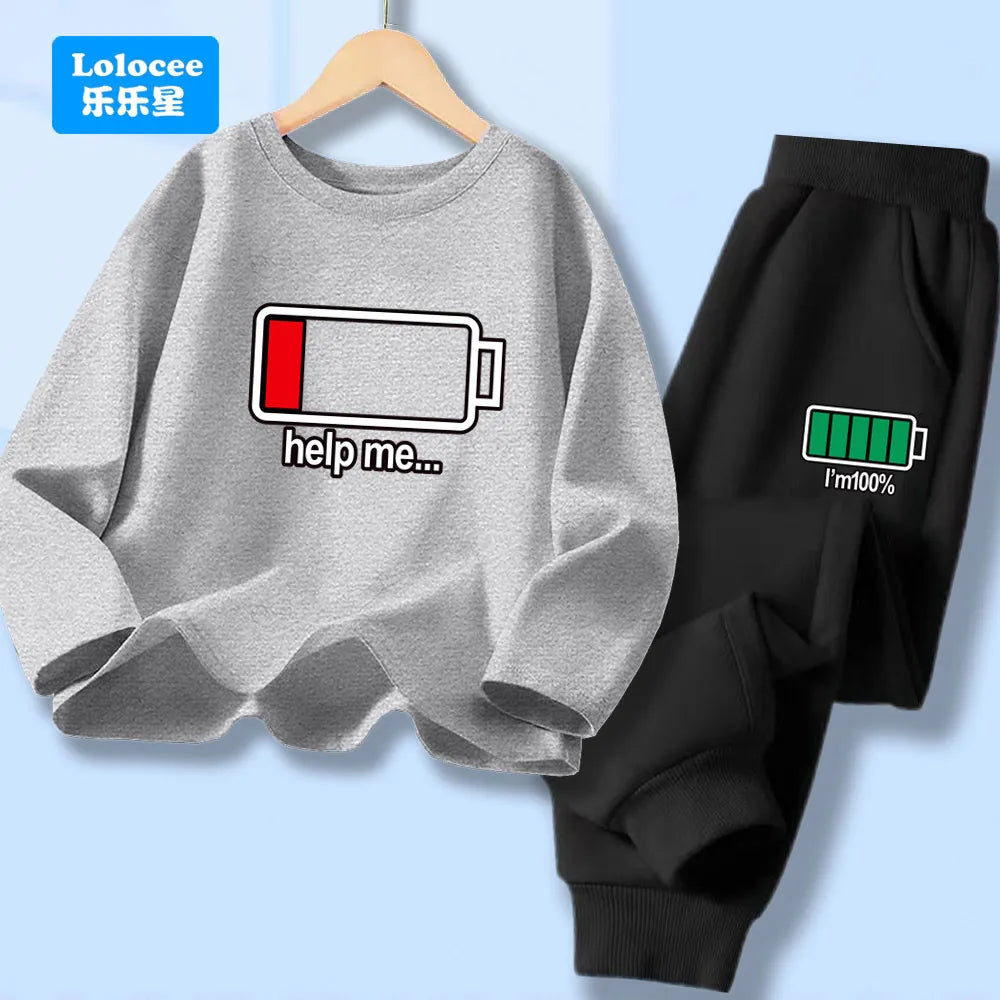 Outono criança menino manga longa 2 pçs conjunto de roupas crianças engraçado bateria carta impressa camiseta pulôver topo e calças fatos de treino dcw1