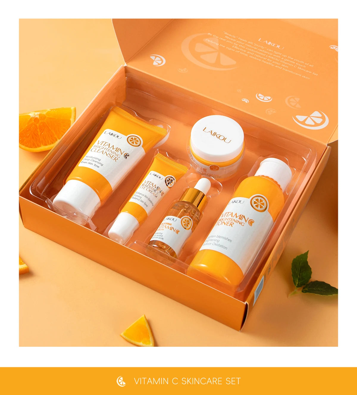 Laikou vitamin c conjunto de cuidados com a pele iluminando 5 pçs kit mesmo tom da pele suave rugas apertar poros limpador toner soro creme para os olhos