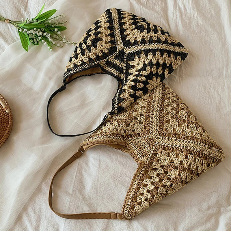 Bolsa de ombro de palha tecida feminina popular bolsa de tamanho médio com alça para férias na praia