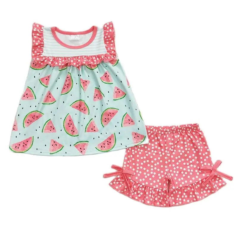 Bebê meninas boutique verão frutas roupas melancia vermelho camisa rosa dot plissado shorts atacado crianças roupas conjunto criança roupa