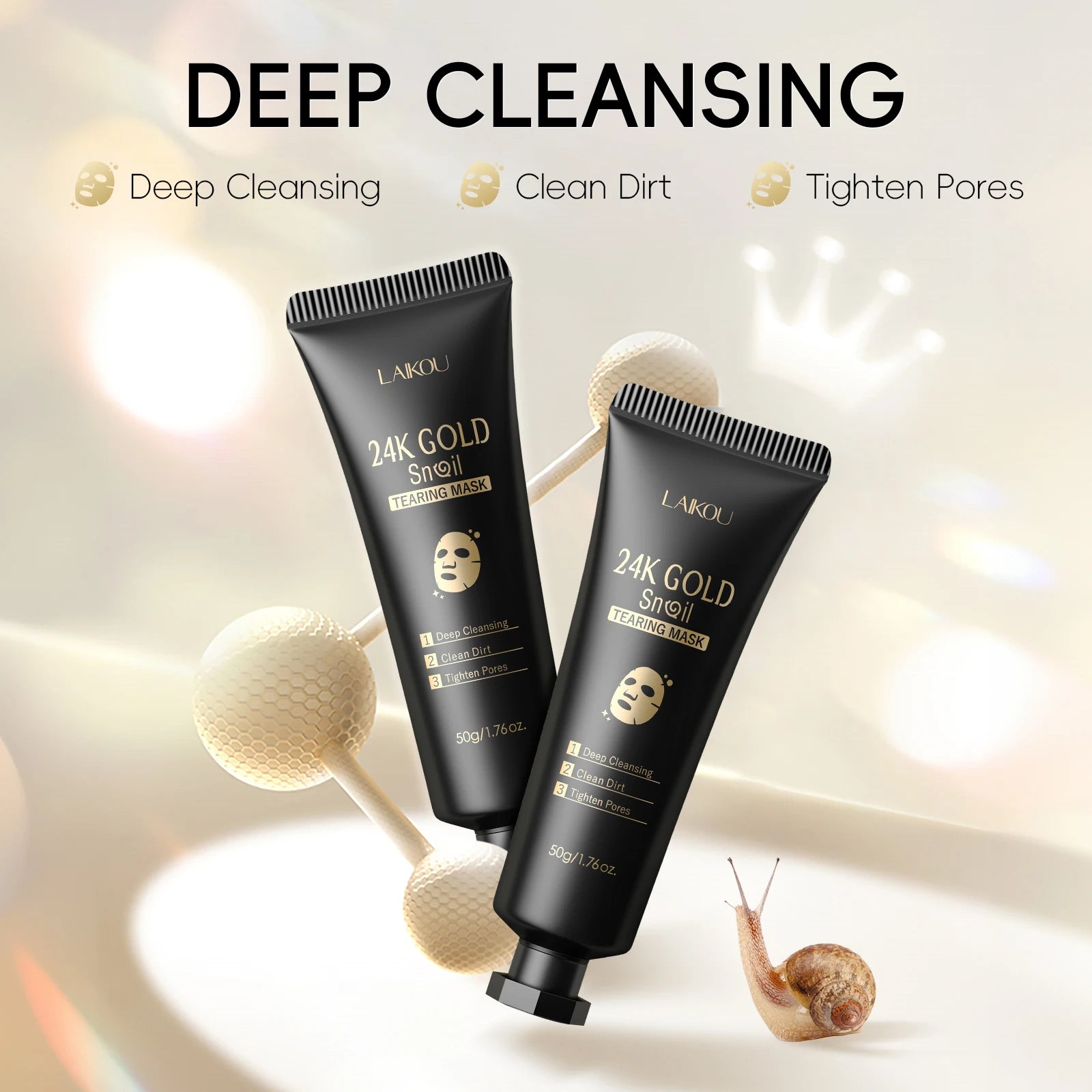 Laikou 24k ouro caracol peel-off máscara 3 pçs limpeza profunda poros aperto remoção de cravo desintoxicante tratamento facial 50g