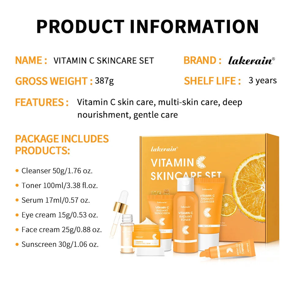 Lakerain vitamina c conjunto de cuidados com a pele 6 pçs kit creme de clareamento manchas escuras soro círculo escuro olho hidratante facial kits de clareamento