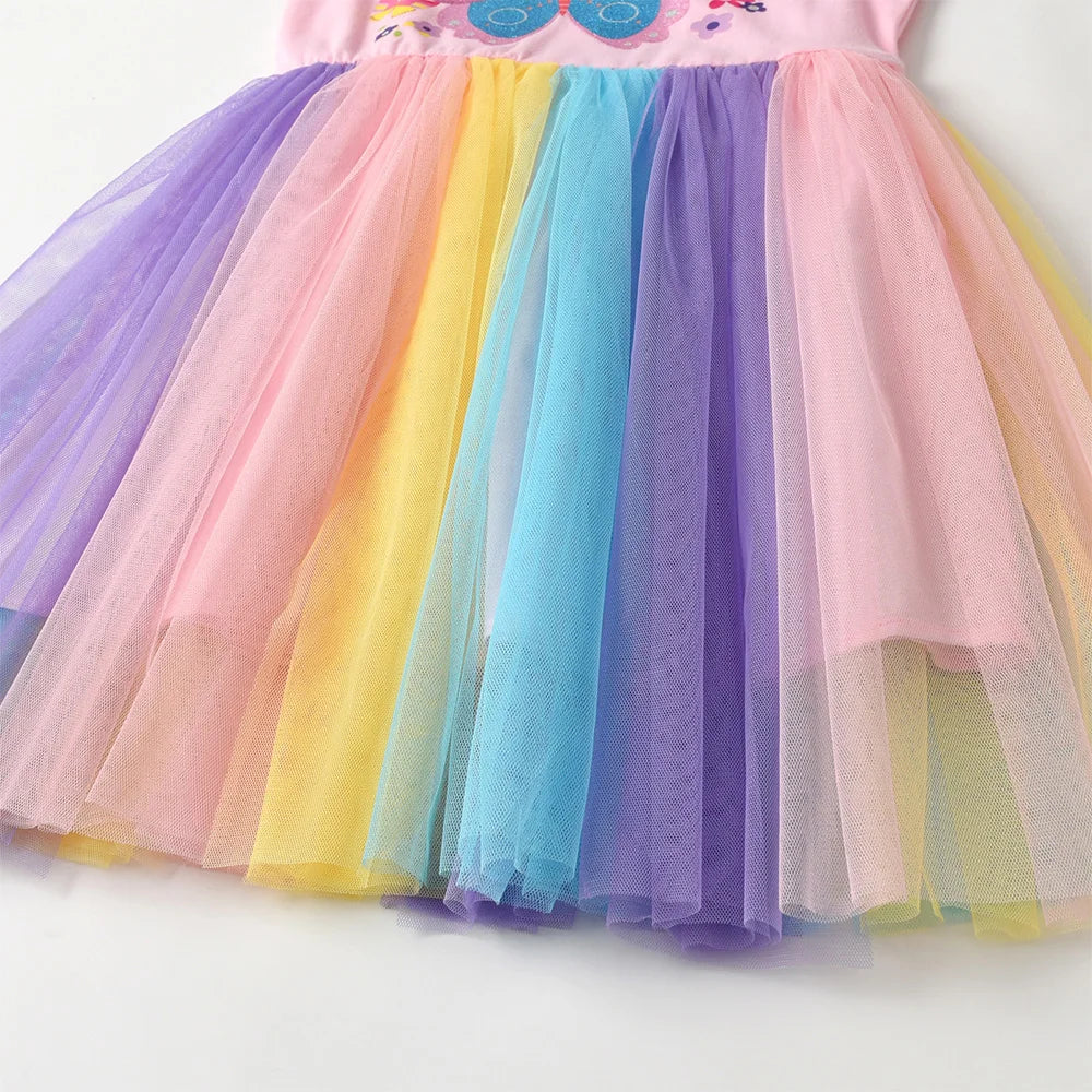 Vestido de verão com estampa de borboleta e flor para crianças, vestido rosa colorido para festa, férias, uso diário, vestidos de princesa, roupas infantis