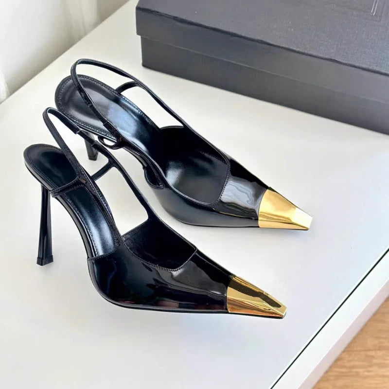 Novo verão sandálias femininas de salto alto ouro cabeça de ferro couro patente preto stiletto cabeça quadrada dedo do pé fechado estilingue volta sapatos