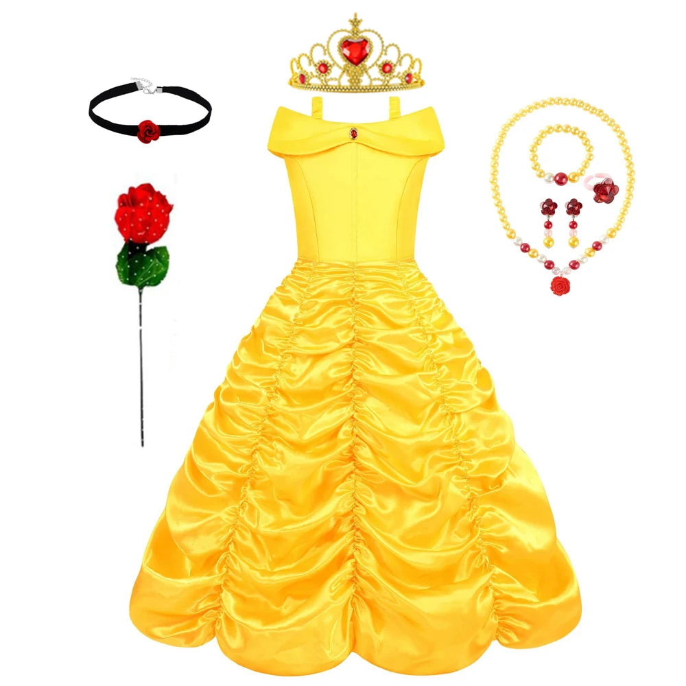 Belle traje menina princesa vestido amarelo halloween bela e a fera trajes meninas festa de aniversário crianças roupas vestido