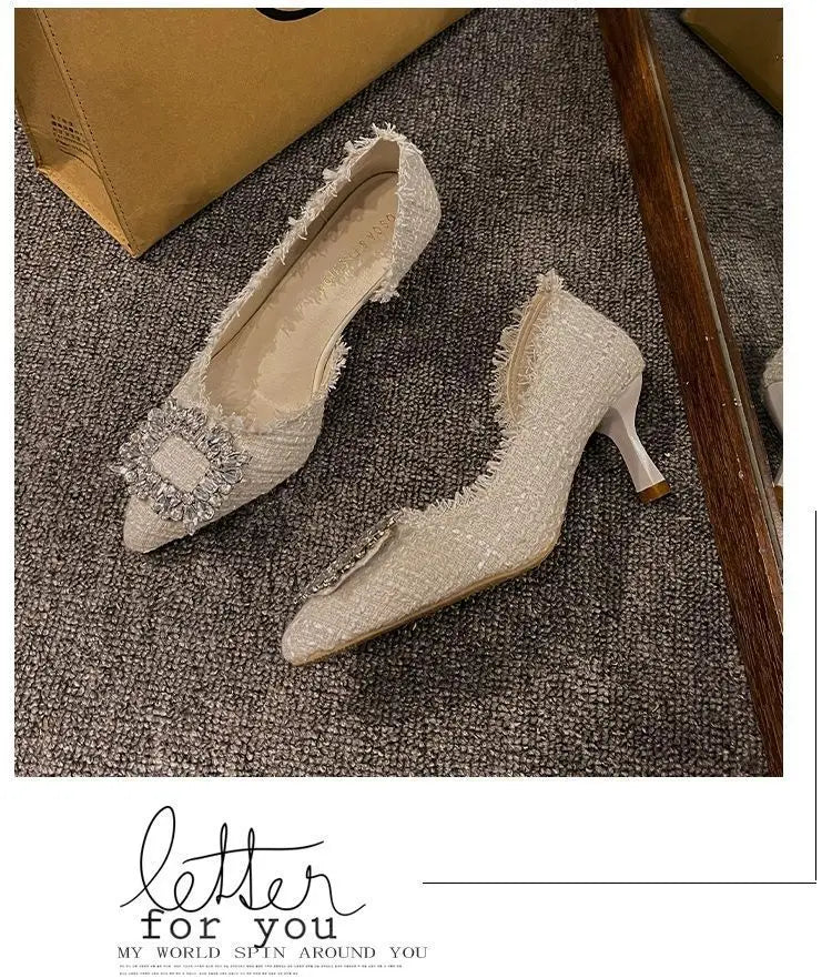 Salto estilete para mulheres, sandálias de strass, botão quadrado, sapatos de casamento, moda feminina, branco, 2024