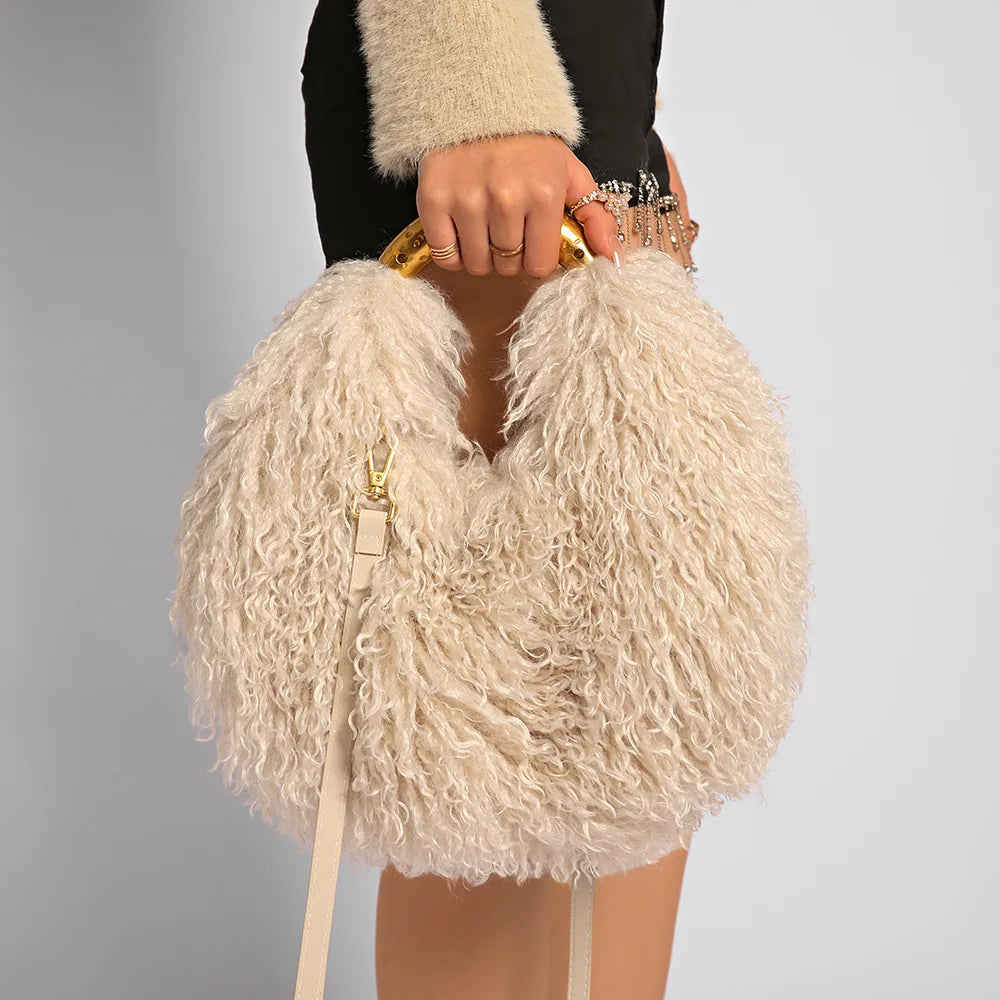 Moda feminina longa pele lã saco praia falso lã pele bolsa de ombro senhoras peles falsas bolsa luxo mongol ovelhas sacos de pelúcia