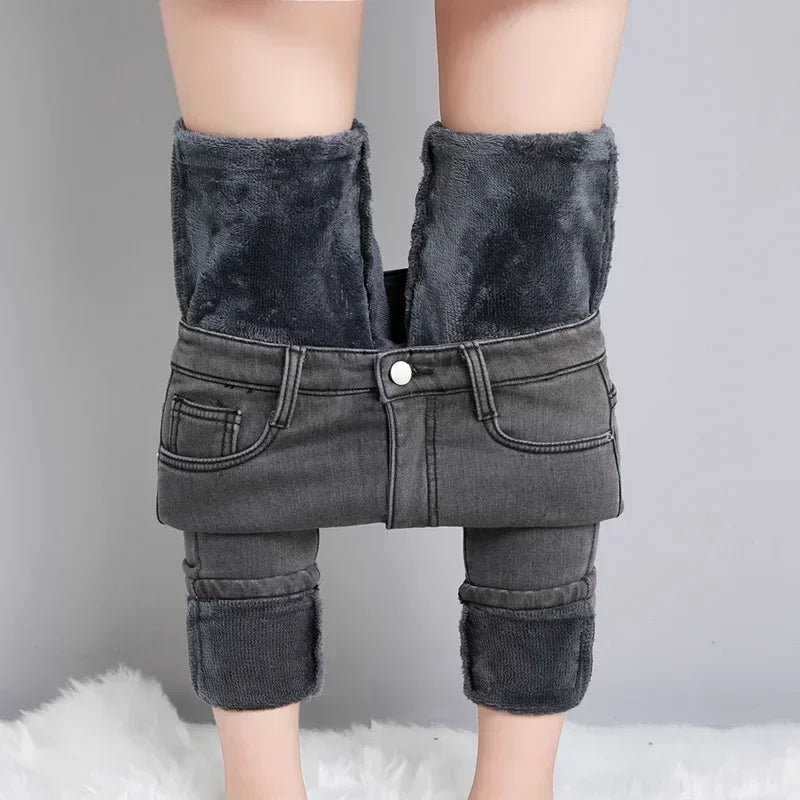 Inverno senhora térmica quente jeans de pelúcia magro estiramento jeans senhora fino ajuste lápis calças meninas perna reta denim