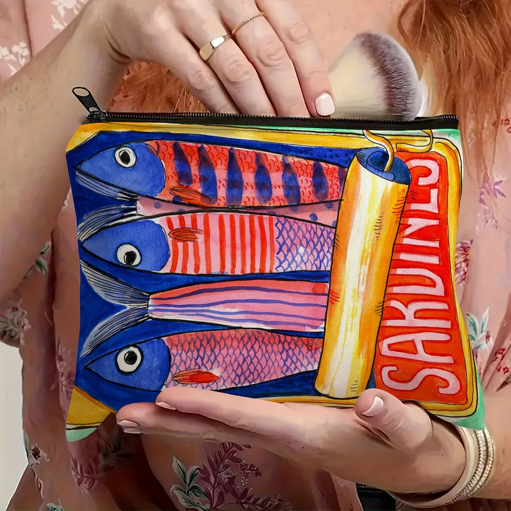 Bolsa de maquiagem com zíper resistente ao desbotamento durável - Organizador de viagem multifuncional com design retrô de sardinas para cosméticos, lanches, moedas