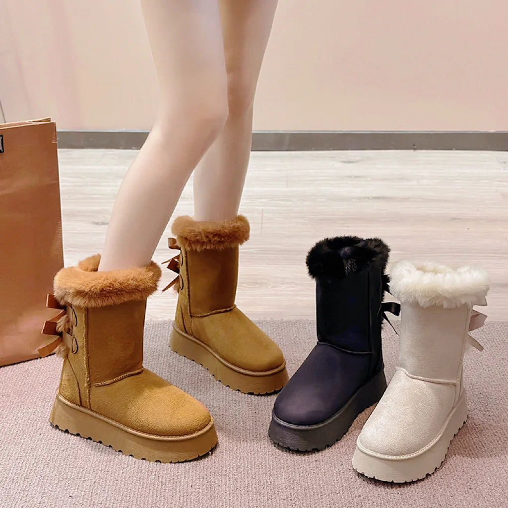 Botas de neve femininas 2024 inverno nova moda sapatos plataforma de pelúcia ao ar livre botas quentes sapatos femininos bota camurca cano longo