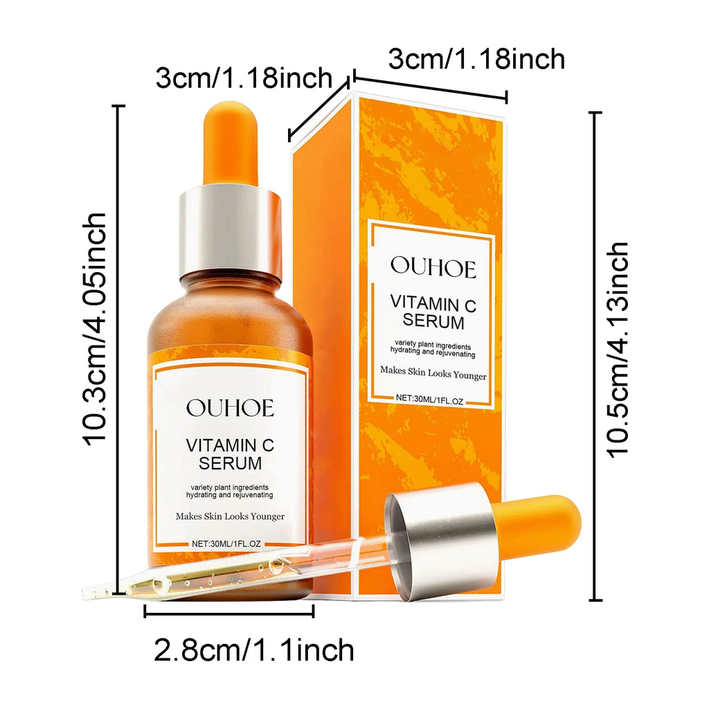 O soro facial com vitamina C reduz linhas finas e ilumina a pele naturalmente sem adição de retinol, óleo de jojoba, produtos de cuidados faciais