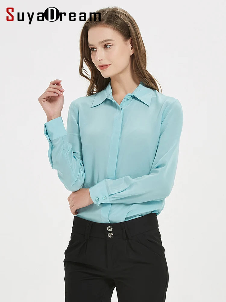 Suyadream camisas femininas de seda 100% seda real sólida manga comprida botão chique blusas 2025 primavera verão escritório senhora topo branco