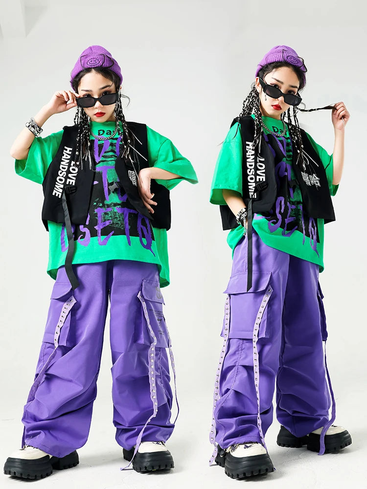 Conjunto de camiseta e calças infantis legais, trajes de jazz, Hip Hop Streetwear, roupas femininas, moda feminina, corredores de rua, colete infantil