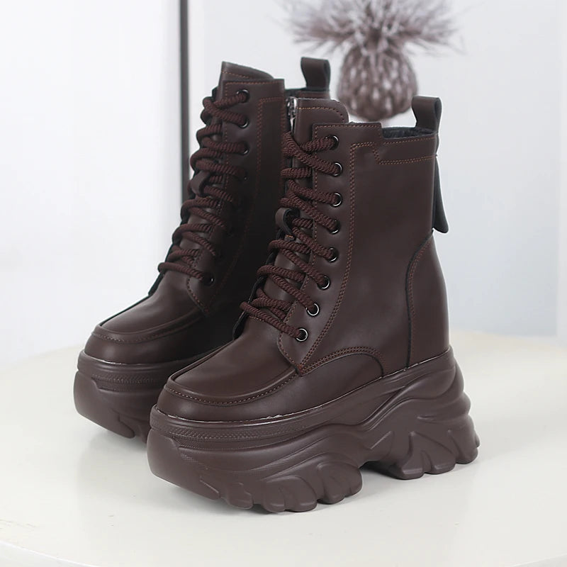 12cm outono plataforma botas de tornozelo feminino sapatos grossos rendas tênis mulher botas de couro sapatos de caminhada