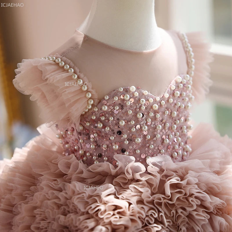 Meninas aniversário princesa inchado vestido crianças desempenho de noite formal festa trajes vestido de baile para crianças piano eid