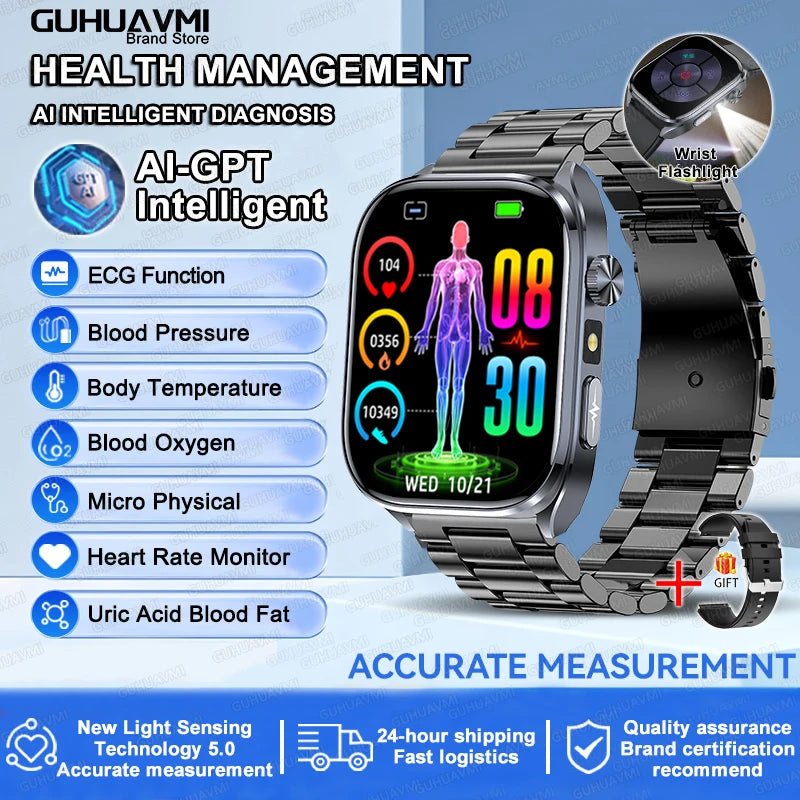Novo Smartwatch 2026 com ECG Preciso, Análise de Saúde Cardíaca, Análise de Sangue, Lipídios no Sangue, Pressão Arterial e Chamada Bluetooth para Homens