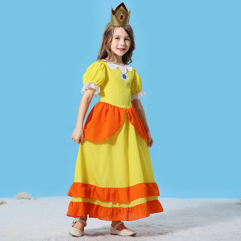 Pêssego rosalina vestido meninas margarida cosplay roupas crianças halloween vestir-se roupas de verão rendas applique princesa traje