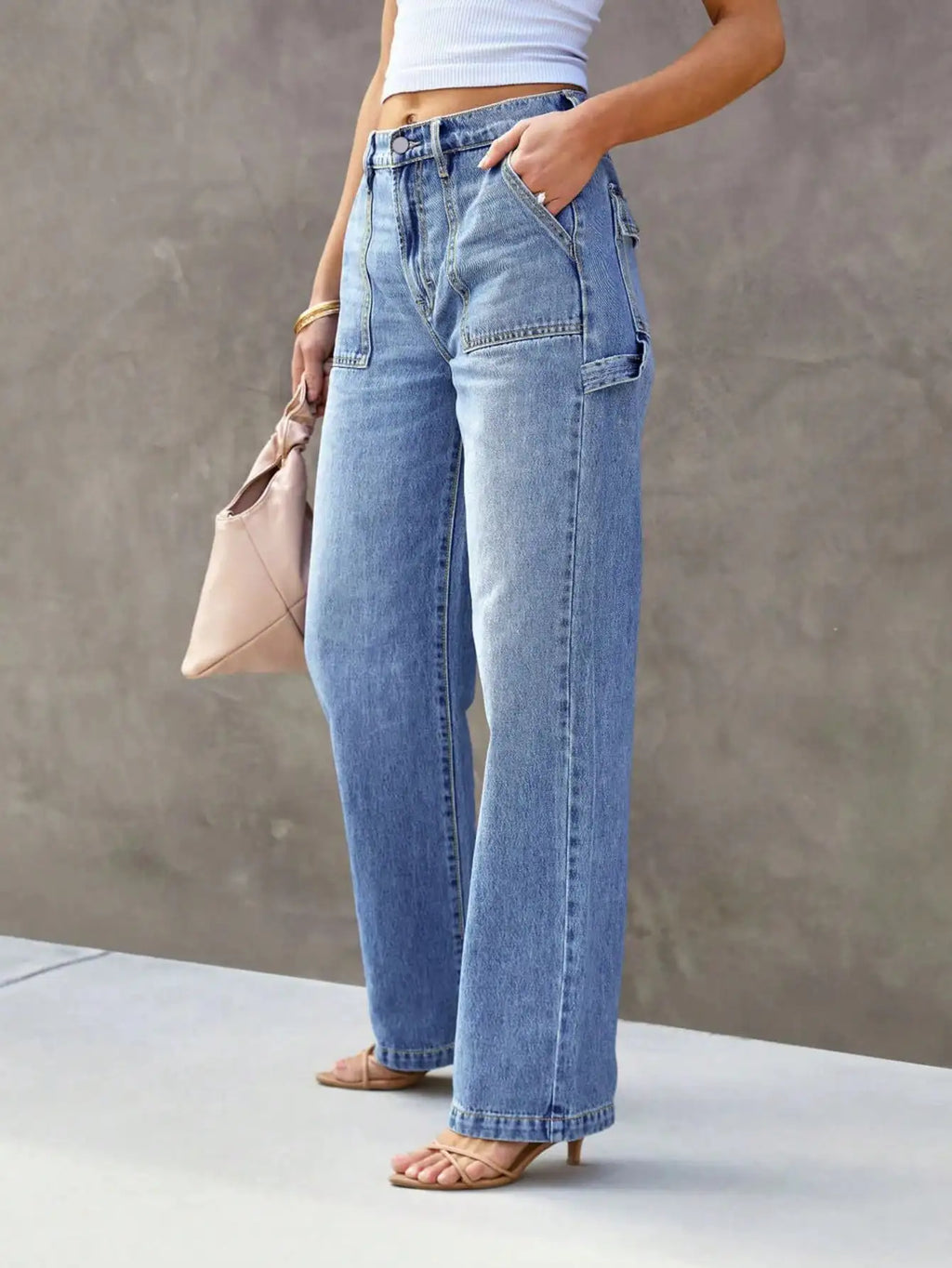 Jeans femininos de perna larga azul claro e perna reta – calças jeans elegantes e confortáveis para moda sem esforço
