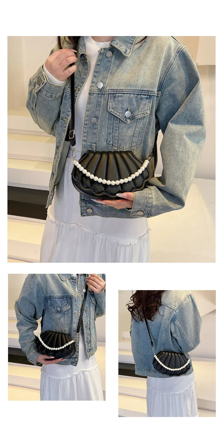 Francês pérola corrente bolsa feminina concha moda bolsa de ombro couro do plutônio bolsa embreagem novidade sólido chique hobo saco pequena mochila