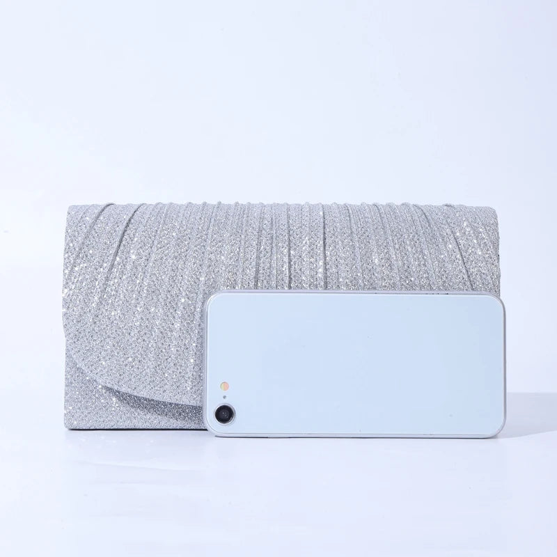 Bolsa de Noite Prateada com Glitter para Mulheres, Elegante e Fashion, Bolsa Longa com Cadeado, Clutch para Casamentos e Festas