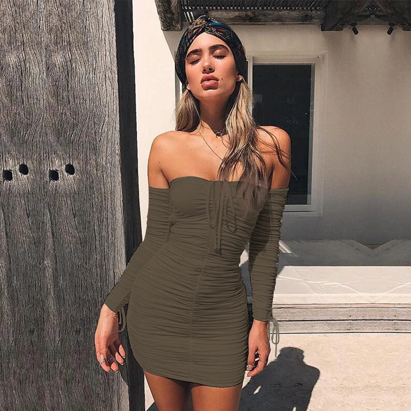 Articat feminino outono inverno bandage vestido feminino 2022 sexy fora do ombro manga longa magro elástico bodycon vestidos de festa