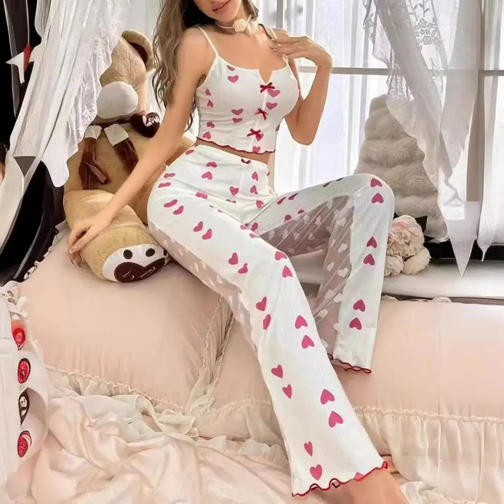 2 pçs/set feminino colete calças terno arco coração impressão sem mangas shirring borda superior malha retalhos calças homewear roupa de dormir