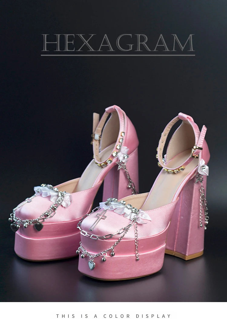 Cruz Japonesa Rhinestone Lolita Salto Alto para Mulheres, Corrente de Metal, Casamento da Noiva Rosa, Doce Sapatos Y2k Mary Jane, Salto Plataforma para Menina