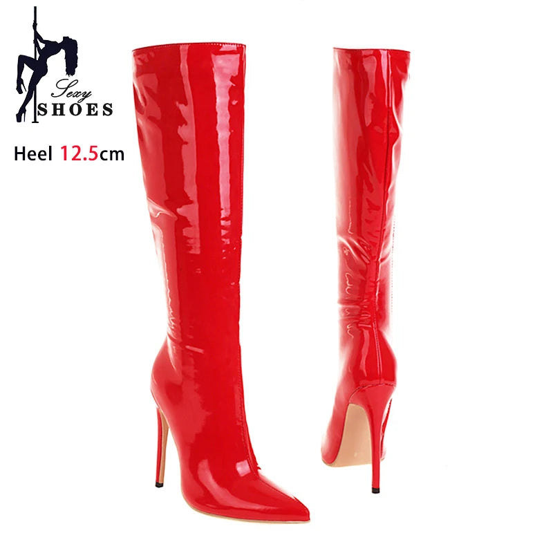 Senhoras elegantes botas longas 2024 clube festa saltos stiletto moda feminina joelho-botas altas inverno curto pelúcia apontou toe sapatos vermelhos