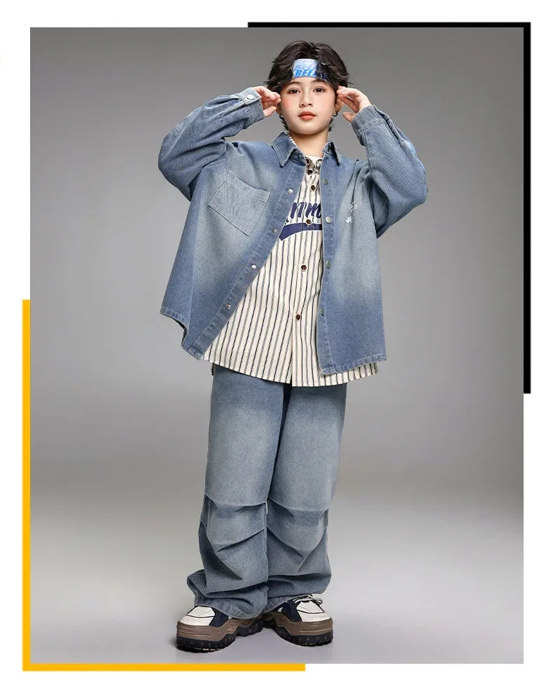 Crianças menino menina solta casual streetwear moda hip hop crianças denim camisa calça jeans define ternos agasalho roupas de palco traje